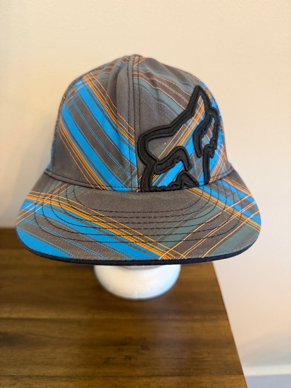 Fox Racing Fitted Hat blue and Brown Plaid Pattern Size S/M